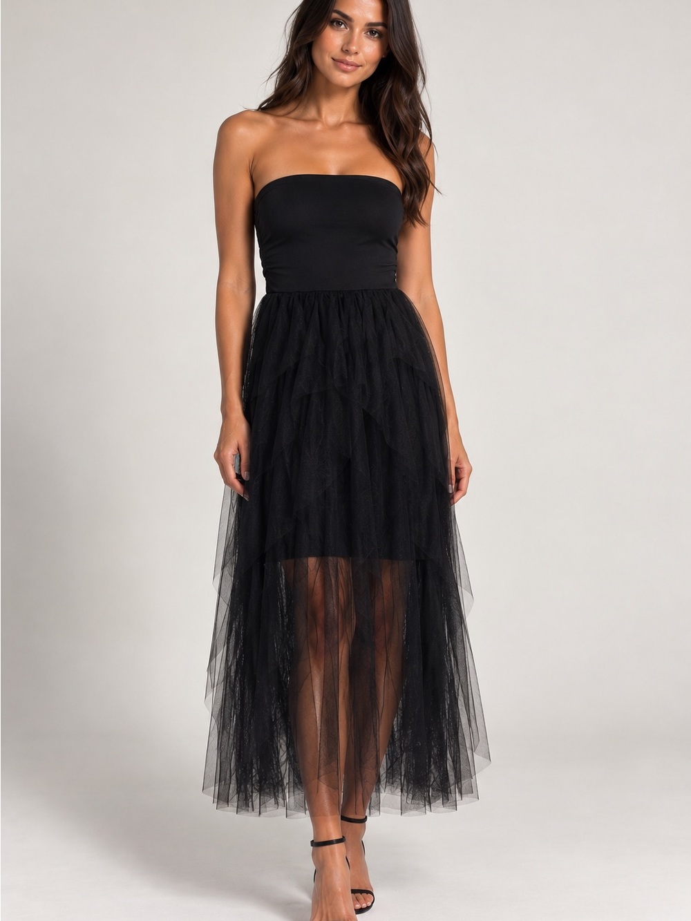 SHEIN Black Strapless Tulle Midi High-Low Dress